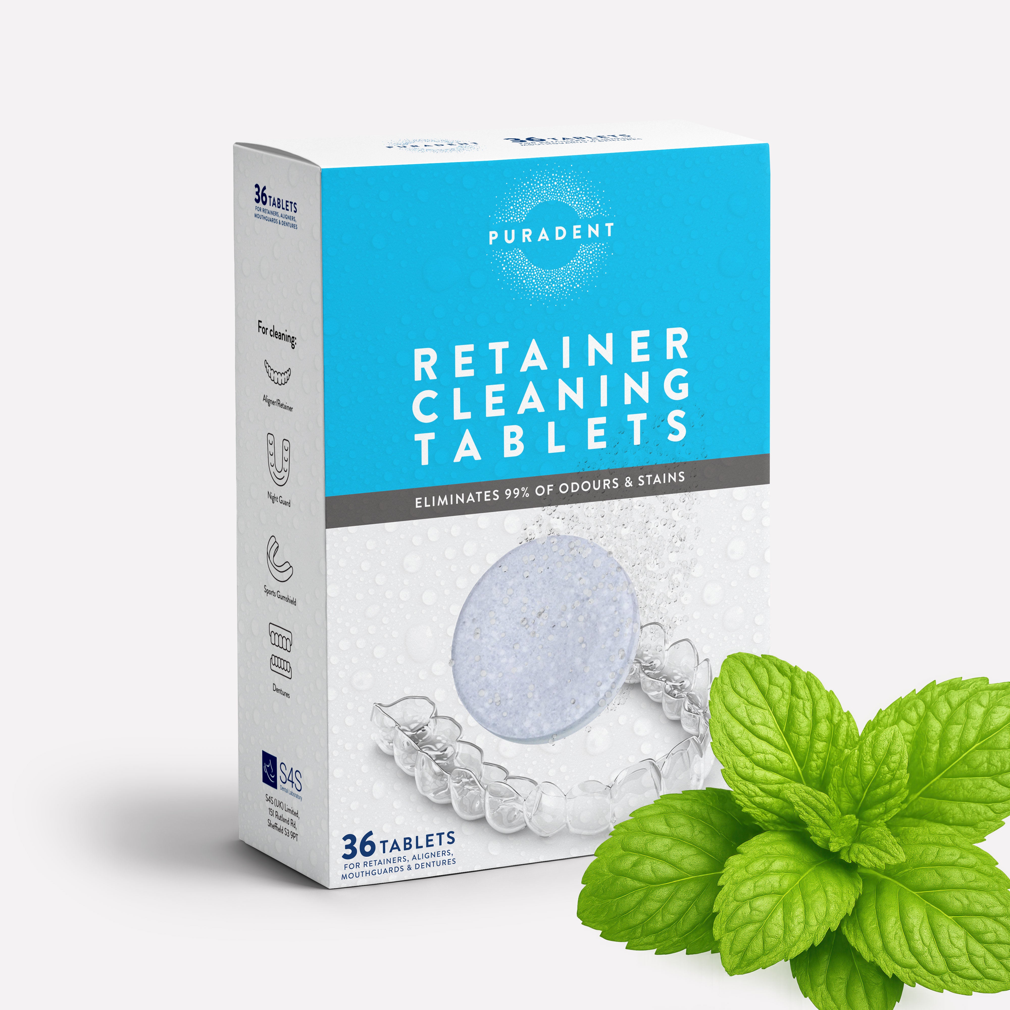 Box of Puradent retainer cleaning tablets with a mint leaf on a white background